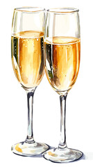 Hand drawn vector watercolor of two glasses of champagne isolated on white background vintage vector sketch drink illustration