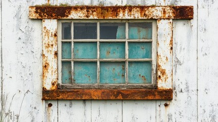 Weathered white wall featuring a rusty window frame with distressed textures and a hint of turquoise glass.