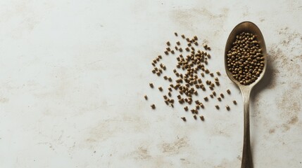 Cannabis seeds carefully arranged in a spoon with additional scattered seeds on a textured light background showcasing aerial perspective and negative space