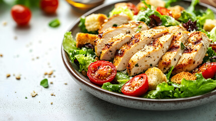 Freshly made Caesar salad with crispy croutons and Parmesan cheese, ideal for culinary blogs, recipe websites, and nutrition promotions.