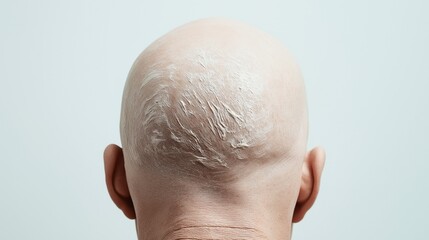 Bald head from the back with lotion or cream applied for skin care on scalp against a plain background