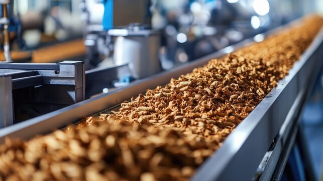 Automated conveyor belt sorting tobacco leaves for quality control in a manufacturing facility with a blurred background of industrial machinery.