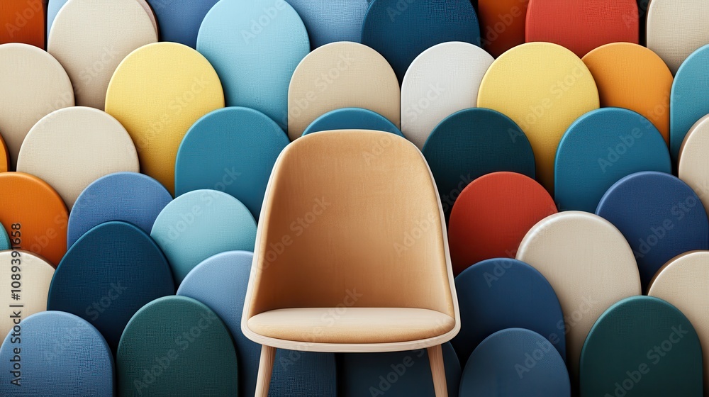 Poster a modern chair stands out against a colorful, textured wall of circular shapes, creating a vibrant a