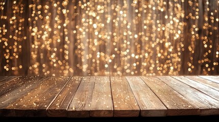 Warm and Inviting Wooden Table with Glowing Bokeh Background