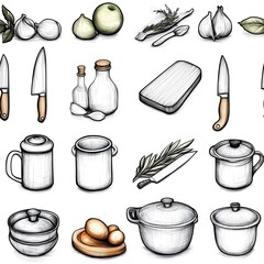 The image is a colorful and vibrant illustration featuring a variety of kitchen utensils and ingredients, primarily used for cooking and preparing food. The background is white, which makes the colorf