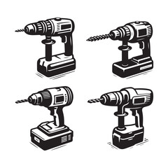 Vector Silhouette Set of Drills and Power Tools in Various Poses