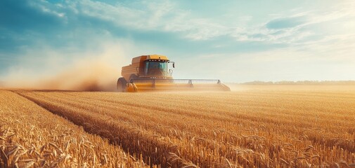 Fototapeta premium A combine harvester works in a golden wheat field under a bright sky, creating a cloud of dust as it collects crops during harvest season.