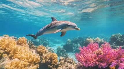 Obraz premium Dolphin interacting with coral in transparent sea. Underwater life.