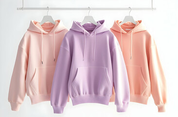 Three pastel-colored hoodies hang on white hangers against a white background.  The hoodies are pink, lavender, and peach.