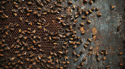 A dense cluster of bees industriously collecting nectar from a honeycomb with a textured background offering ample space for overlaying text.