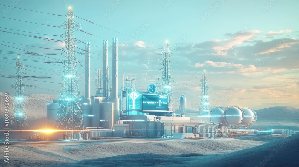Poster futuristic industrial complex with glowing structures and power lines against a scenic backdrop.
