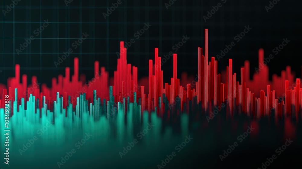 Poster a vibrant audio waveform visualization, displaying peaks in red and green against a dark background,