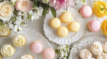 Sophisticated bridal shower brunch with pastel macarons, delightful cupcakes, and elegant floral arrangements in soft pastel colors.