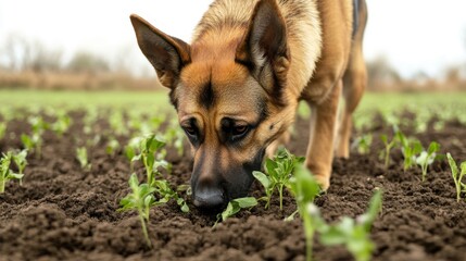 Naklejka premium German Shepherd Dog Sniffing in Green Field
