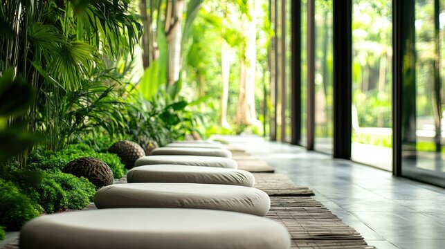 Tranquil relaxation area with circular cushions surrounded by lush greenery and natural light, perfect for meditation and unwinding in a serene environment
