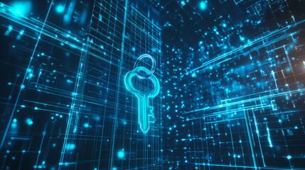 Hologram style image of a key floating in a futuristic digital space with glowing blue lights and grids. Holographic Digital Grid. Illustration