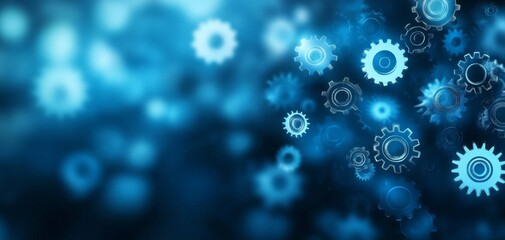 A vivid abstract image featuring floating gears in a blue-toned background, symbolizing technology and innovation.