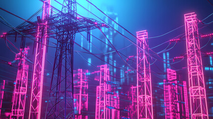 Futuristic digital representation of an electric power grid with 3d holographic elements, showcasing advanced technology in energy systems. Holographic Digital Grid. Illustration