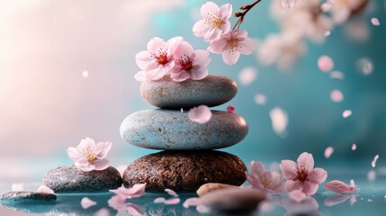 Serene Composition of Smooth Stones Stacked with Cherry Blossom Petals and Branches, Creating a Tranquil Atmosphere for Wellness and Relaxation