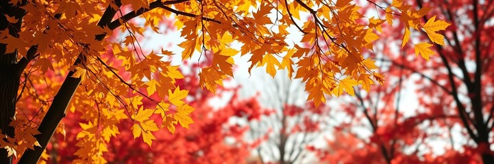 Golden hues of autumn tree leaves float gently through the air amidst a backdrop of vibrant red foliage, nature, foliage