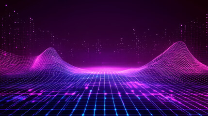 Digital grid with glowing holographic interfaces and tech diagrams floating in the air, dark purple background, neon highlights, digital art. Holographic Digital Grid. Illustration