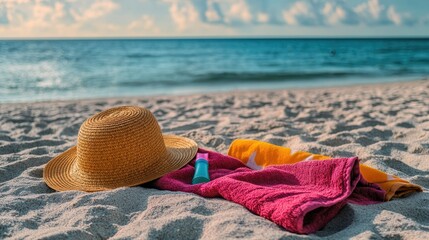 Beach essentials on sand SPF sunscreen, straw hat, and bright towel, with the ocean horizon in the background for a summery feel.