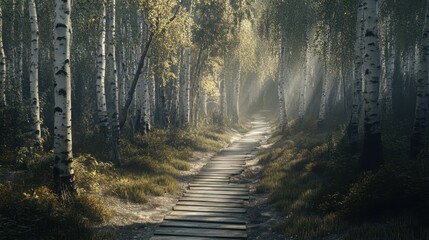 Naklejka premium Serene Pathway Through a Misty Birch Forest with Sunlight Filtering Through Lush Foliage, Invoking Peace and Tranquility in Nature's Bounty
