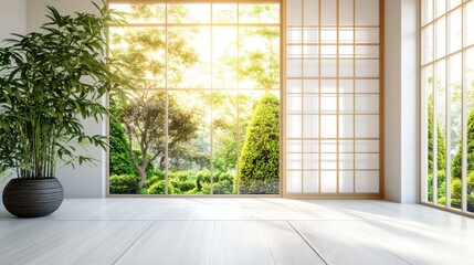 Fototapeta premium Serene Interior Space with Natural Light and Lush Greenery Visible Through Elegant Sliding Doors in a Tranquil Outdoor Garden Setting