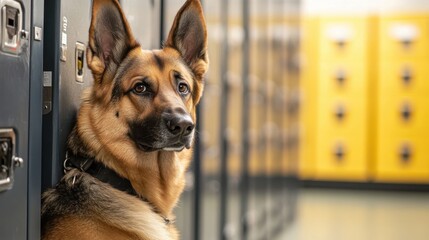 Focused Dog Among School Lockers