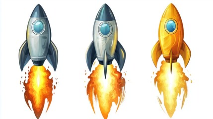 Three colorful rockets launching with vibrant flames and sleek designs.