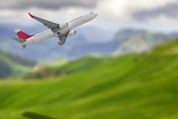 Shadow airplane flying on nature green field.