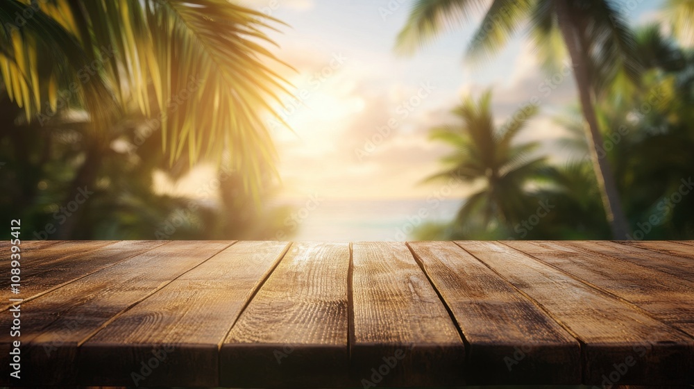 Poster serene tropical beach sunset view with wooden tabletop and palm trees in the background creating a r