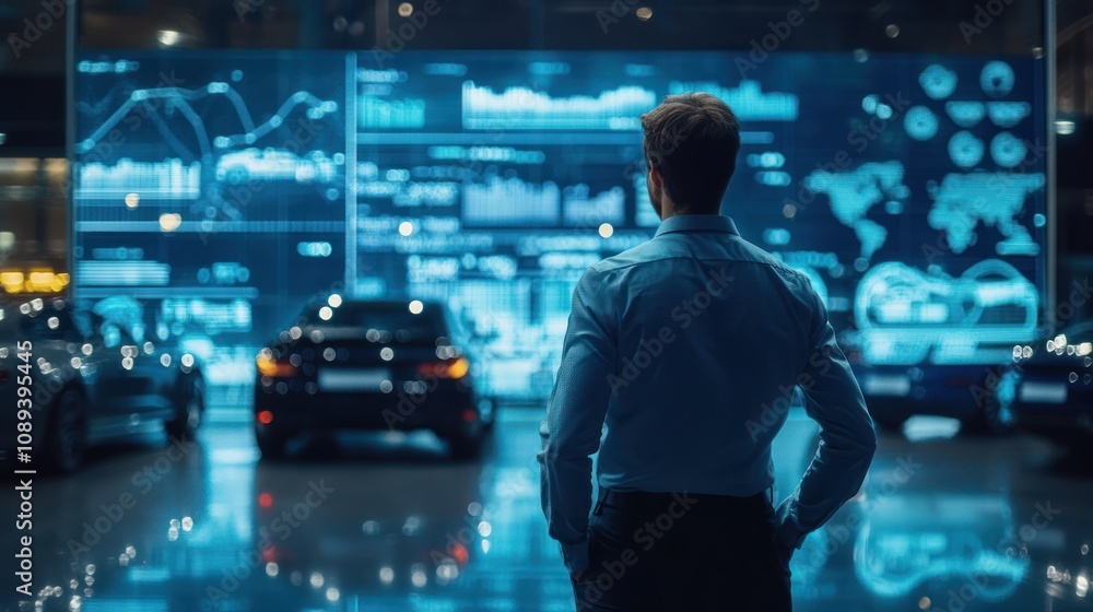 Poster a person observing data analytics on a digital display in a modern automotive setting.
