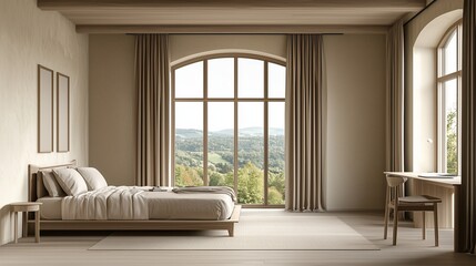 Serene bedroom with large windows and a stunning view of nature.
