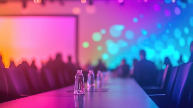 Abstract blurred conference hall with vibrant lighting and colorful backgrounds, featuring attendees and clear water bottles on a sleek table.