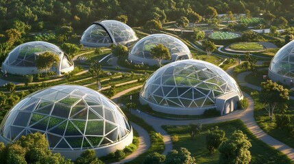 Futuristic Eco-Friendly Urban Development Featuring Geodesic Domes Surrounded by Lush Green Landscapes and Innovative Sustainable Agriculture Practices