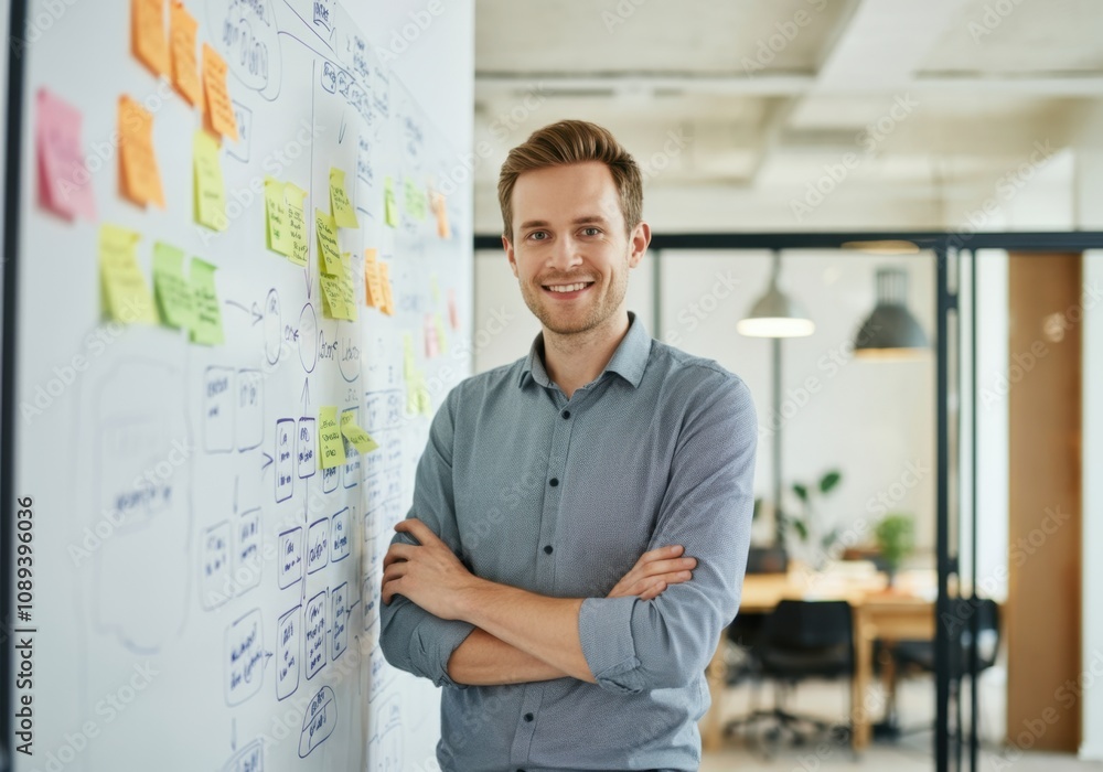 Aufkleber portrait of a smiling project manager standing with arms crossed next to a whiteboard with sticky no