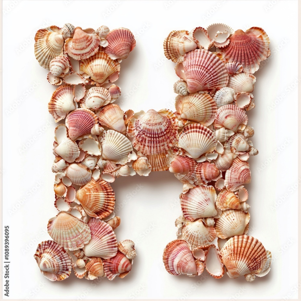 Poster letter h artfully designed using array seashells different shapes and colors set clean white backgro