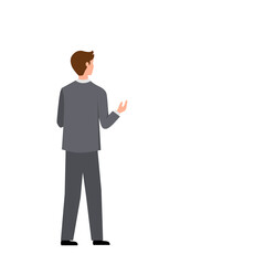 A man stands with his back to the viewer, the man's back, rear view. Vector simple color flat illustration.