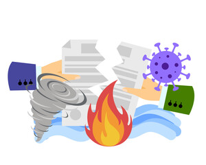 Force majeure. Termination of the contract due to natural disasters. Vector simple color flat illustration.