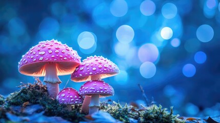 Glowing pink and purple mushrooms stand out in a mystical forest, surrounded by a dreamy blue bokeh backdrop, creating a whimsical atmosphere.