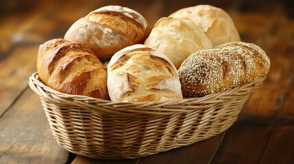 Fototapeta premium Assorted artisanal breads in a rustic wicker basket, showcasing various textures and crusts, set on a vintage wooden table for a cozy bakery feel.