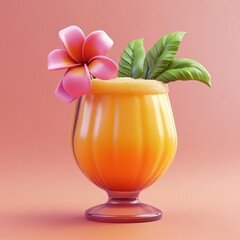 Tropical Cocktail with Plumeria Flower and Palm Leaves