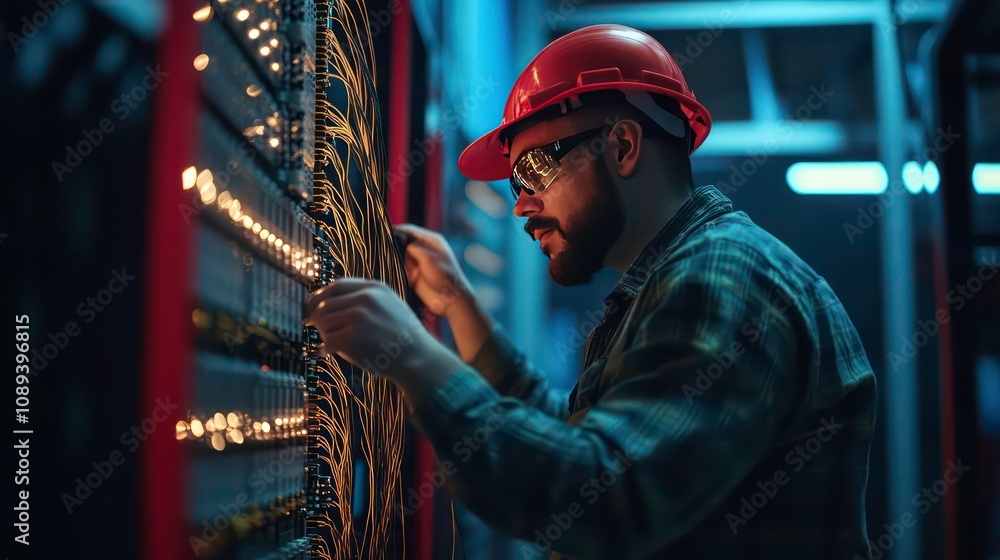 Poster a technician in a red hard hat and safety glasses works on a server rack in a data center.