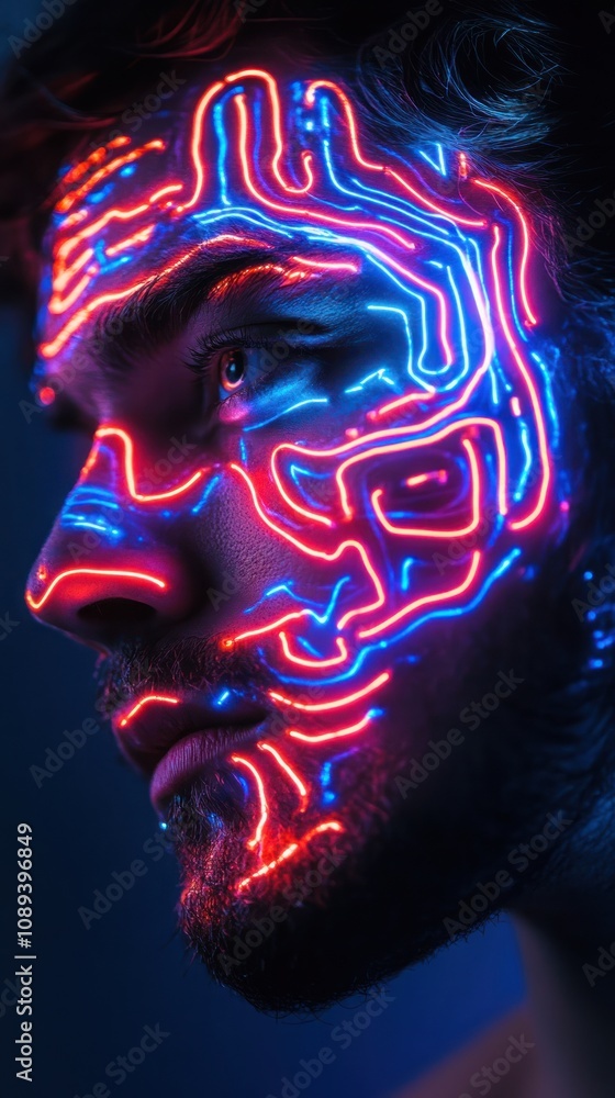 Poster a close-up of a man's face illuminated with vibrant neon circuit-like patterns.