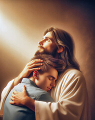 Jesus giving a hug to a young man with short hair, the love of the Lord Jesus Christ and how willing he is to always receive all his children in his arms.