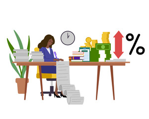 Underwriting, dark-skinned woman works at a desktop. Office. Vector simple color flat illustration.