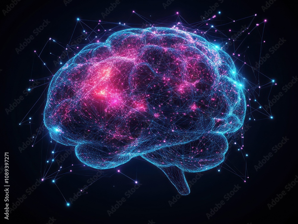 Poster artistic brain depiction with interconnected neural glow
