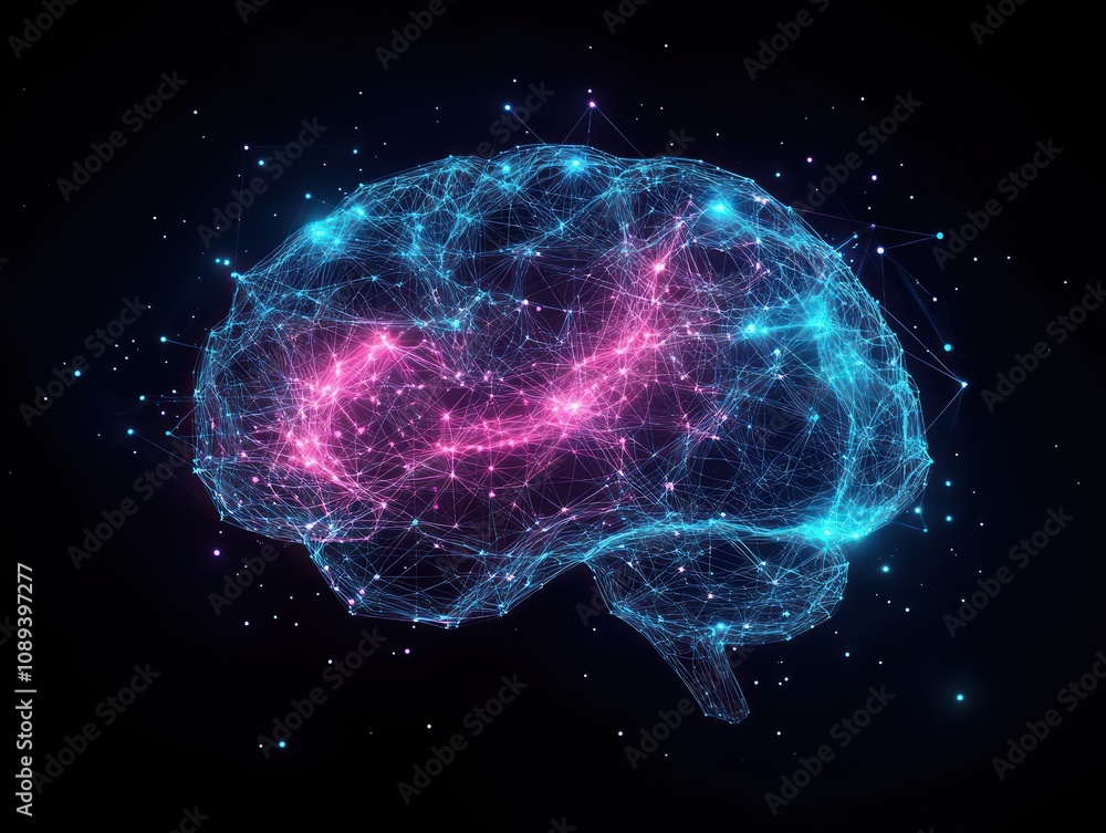 Poster digital neural web forms a futuristic glowing brain.