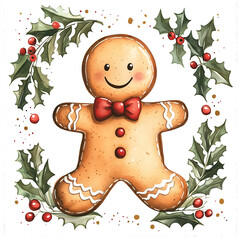 A cute gingerbread man, in a watercolor style, isolated on a white background with pastel colors. A Christmas theme Illustration featuring holly leaves and spruce branches around the gingerbread man